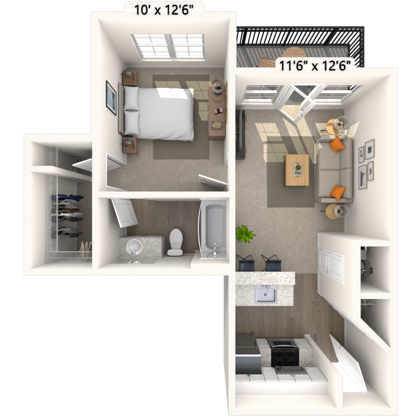 Floor plan for 1 bed, 1 bath, 523 sqft